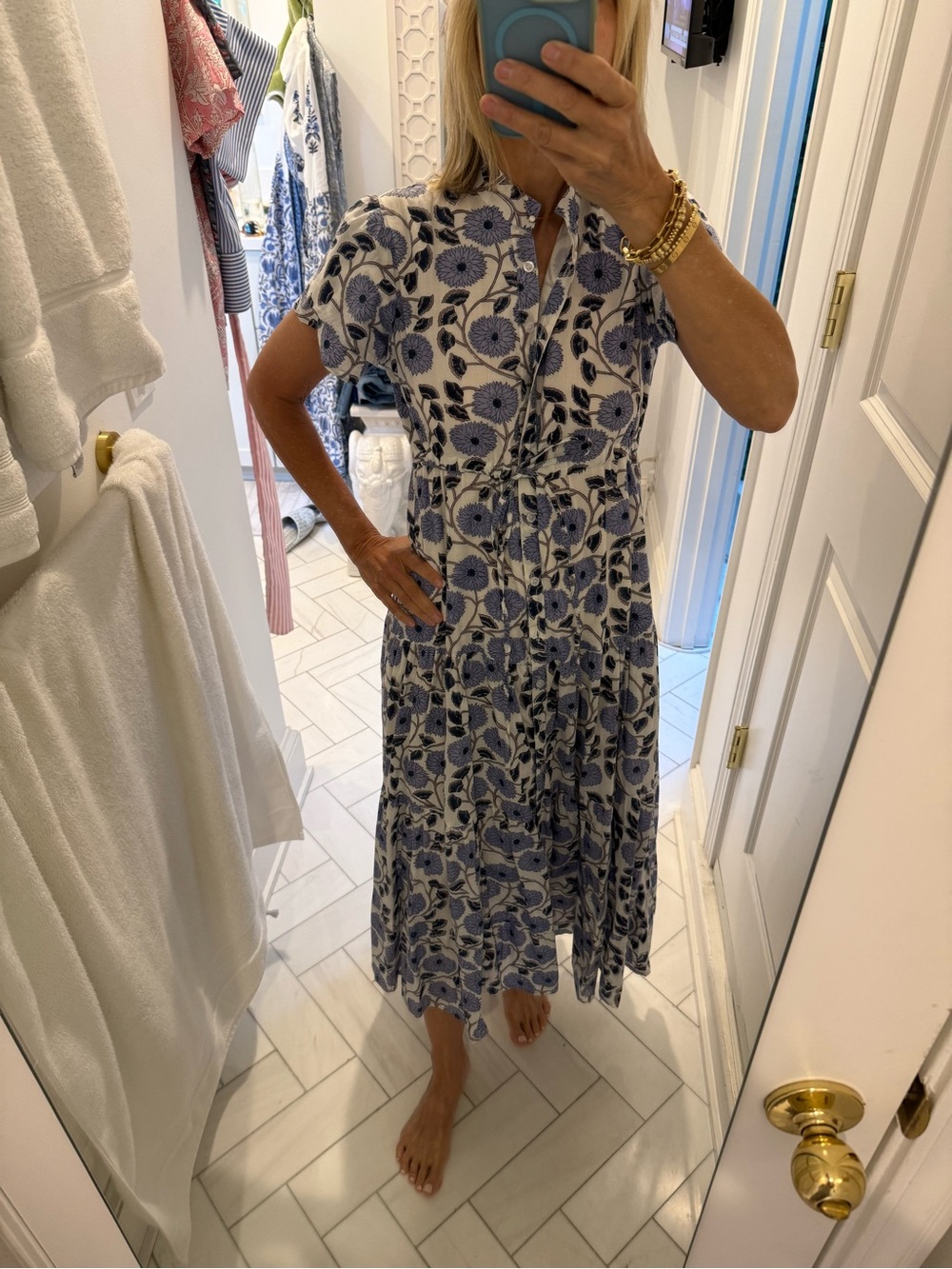 Victoria Dunn Blue and White Floral Tie-Waist Midi Dress